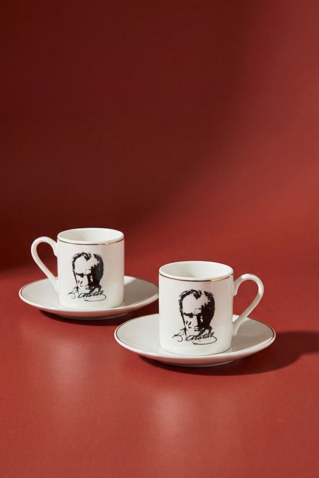Porcelain 2-Piece Coffee Cup Set (with Ataturk Portrait) – with Saucer, Gold Gilding Detail