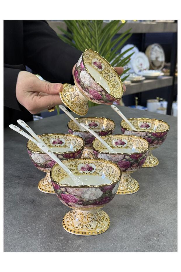 Rosa 6-Piece Luxury Porcelain 24K Gold Plated Ice Cream Bowl with Spoon
