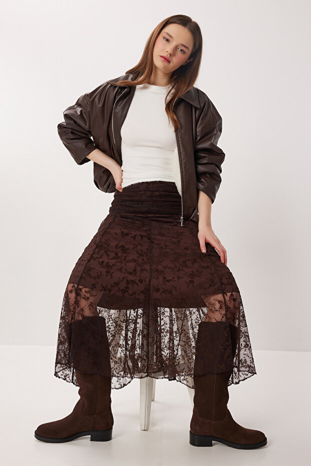 Velvet Patterned Gathered Tulle Skirt Lnt0023 Brown