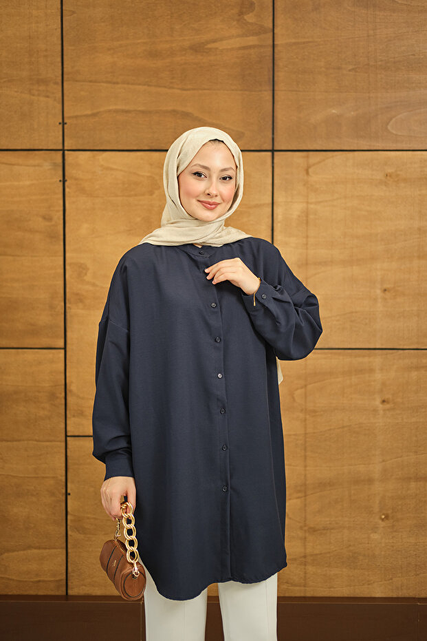 Kadın Hakim Yaka Basic Gömlek Lacivert - 6