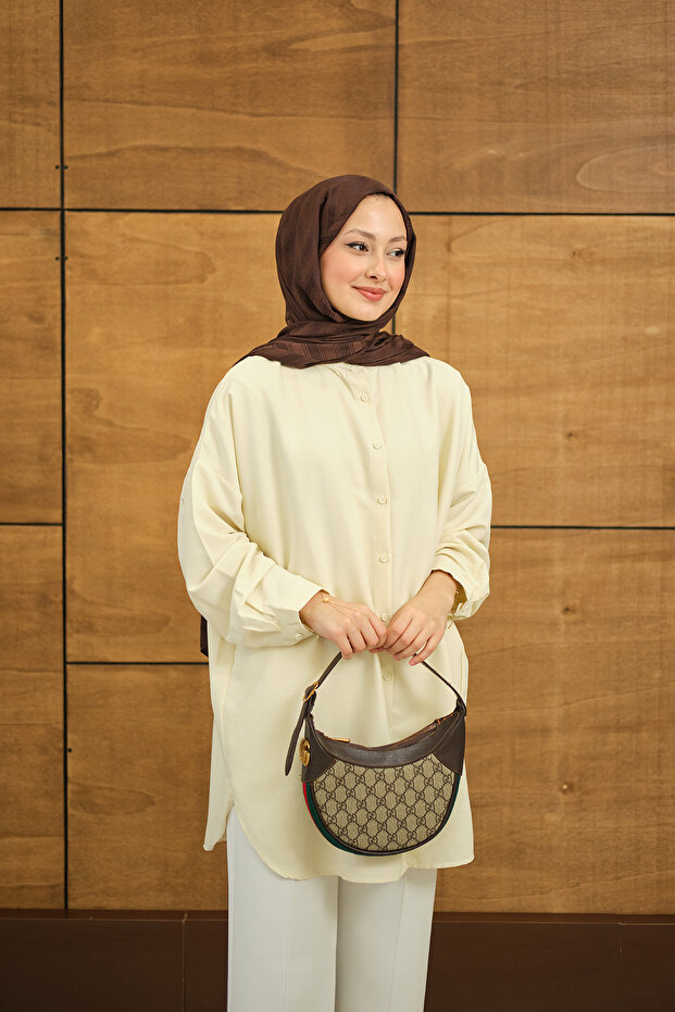 Kadın Hakim Yaka Basic Gömlek Krem - 6