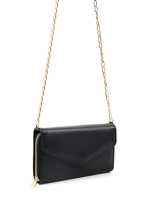 Black Shk286 Faux Leather 4-Compartment Bag with Chain, Phone Holder and Shoulder Strap
