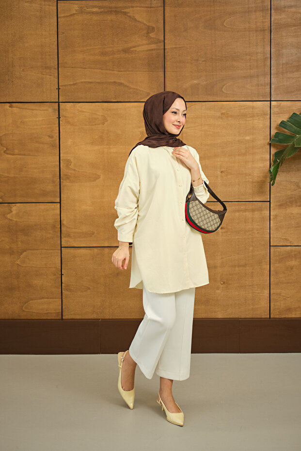 Kadın Hakim Yaka Basic Gömlek Krem - 5