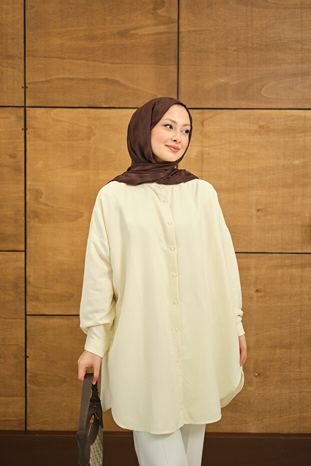 Kadın Hakim Yaka Basic Gömlek Krem - 3