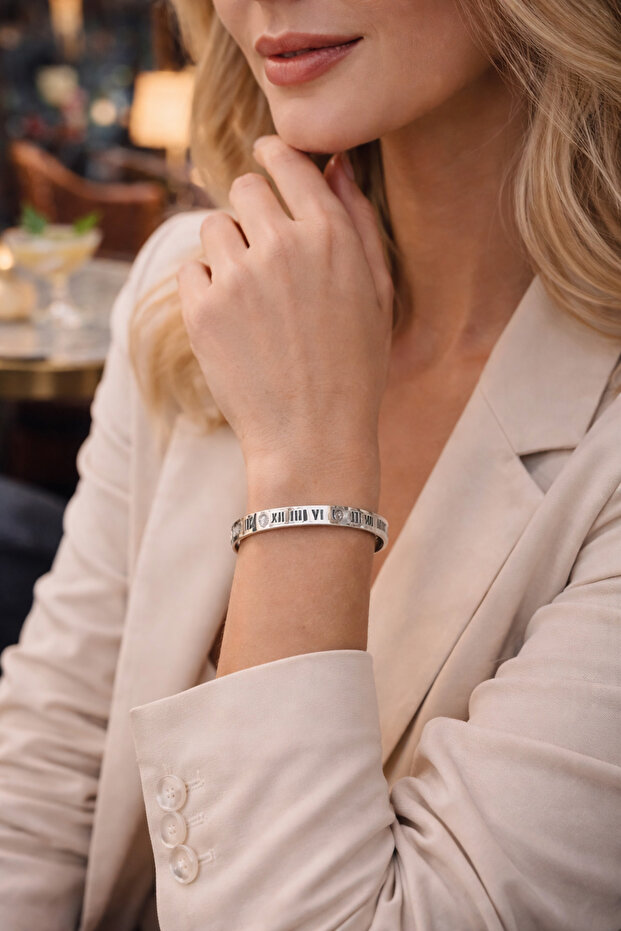 Clamp Steel Stone Roman Numeral Bracelet
