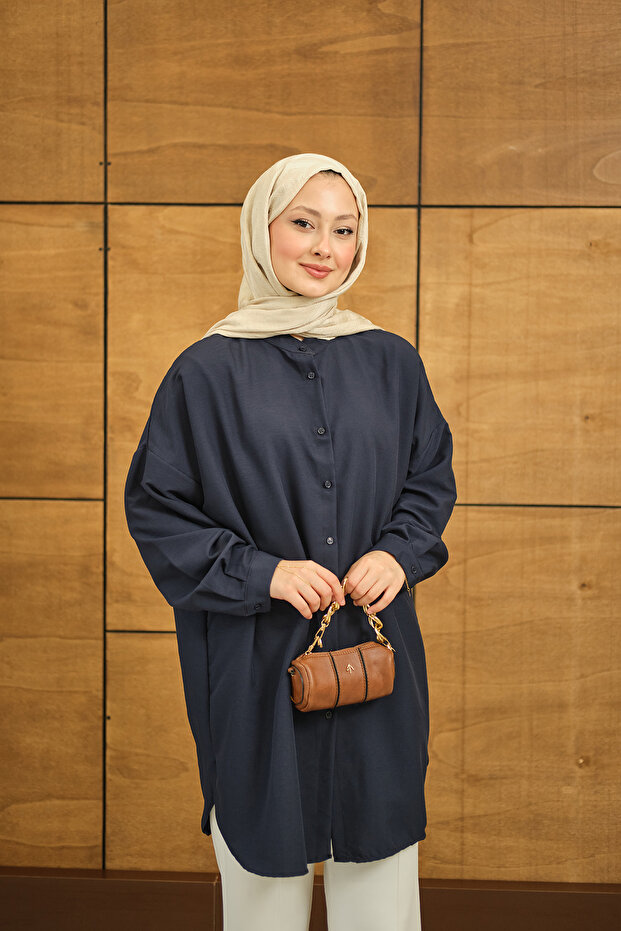 Kadın Hakim Yaka Basic Gömlek Lacivert - 4