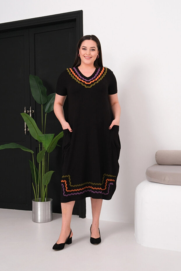 Dress with Embroidered Collar and Skirt, and Pockets