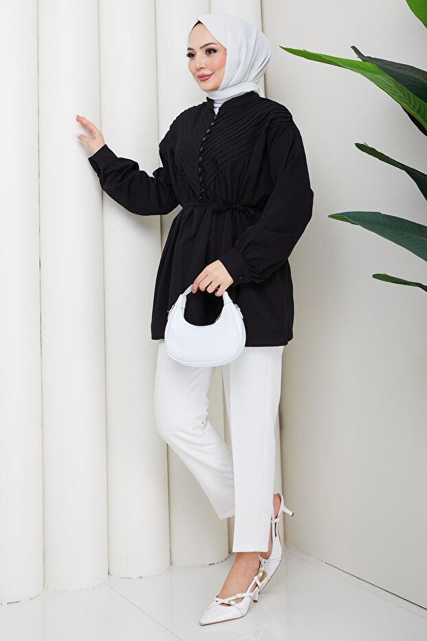 Ribbed Half Placket Buttoned Tunic Black Hm2886 - 5