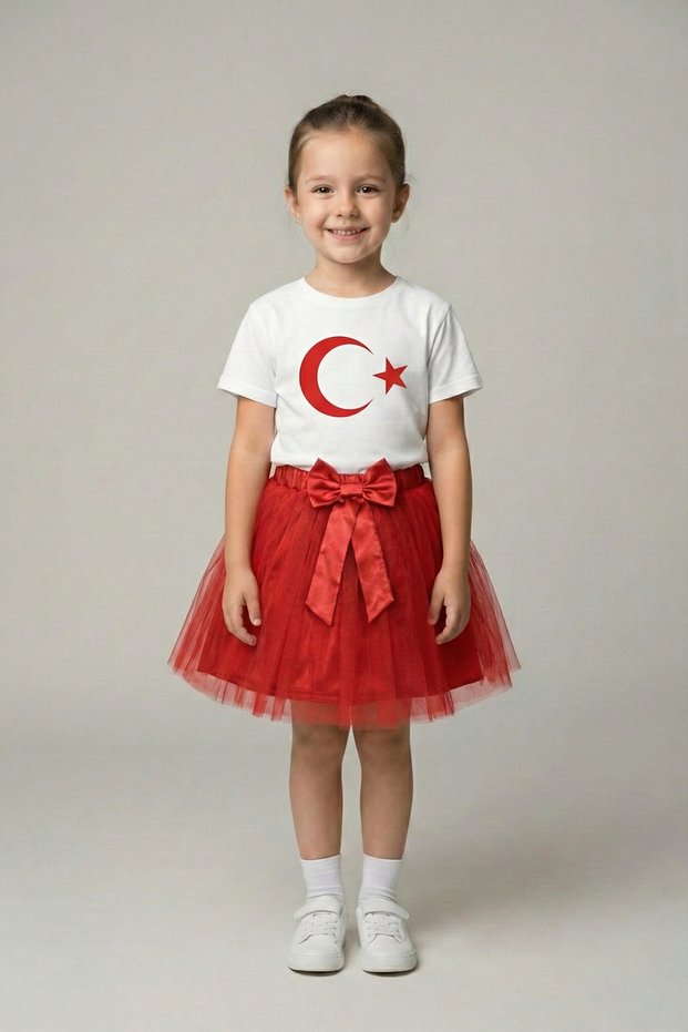 Girls' White Short Sleeve Moon Star T-Shirt Red Tutu Skirt Set April 23Rd Show Outfit