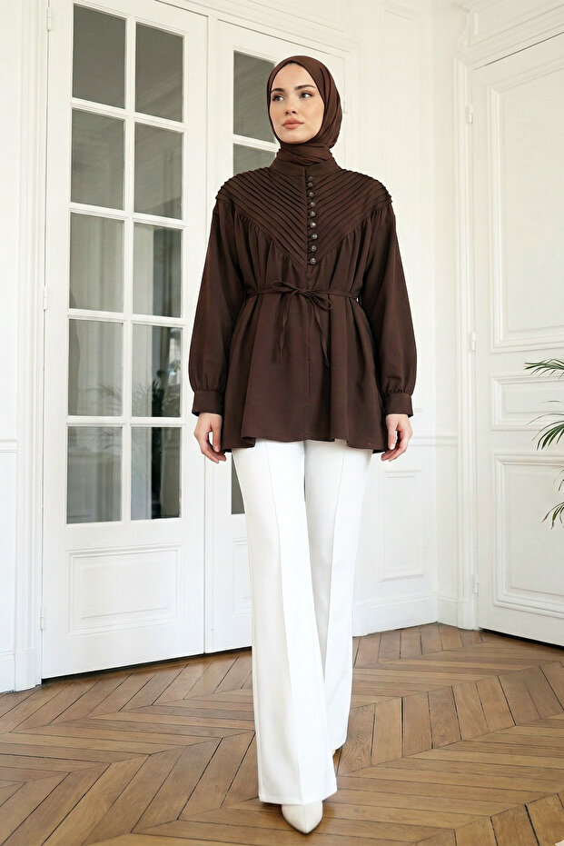 تونيك بأزرار وتفاصيل محبوكة - بني - 2