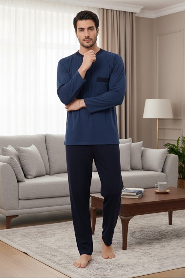 Men's Indigo Long Sleeve Button Detailed 100% Cotton Design Large Size (Oversized) Pajama Set