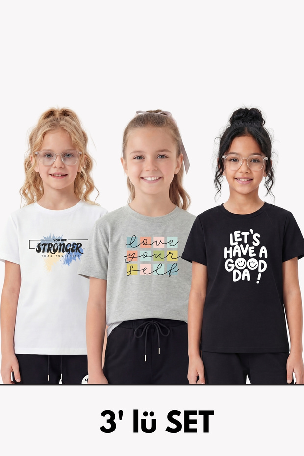 3-Pack Round Neck Print Detailed Short Sleeve Girls' T-Shirt