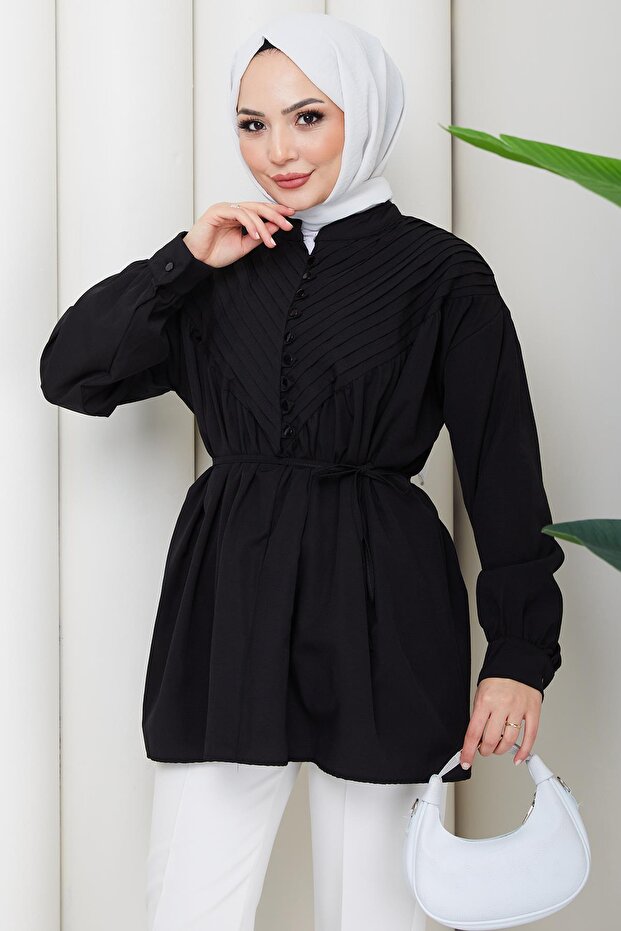 Ribbed Half Placket Buttoned Tunic Black Hm2886 - 2