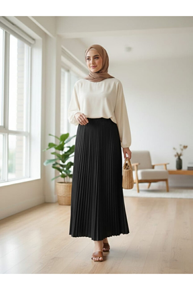 Women's Beige High Waist Slim Pleated Maxi Skirt