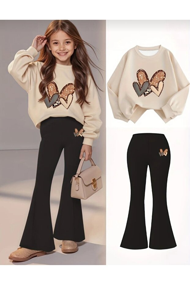 Seasonal Girls' Multi-Heart Double Set - Beige and Black