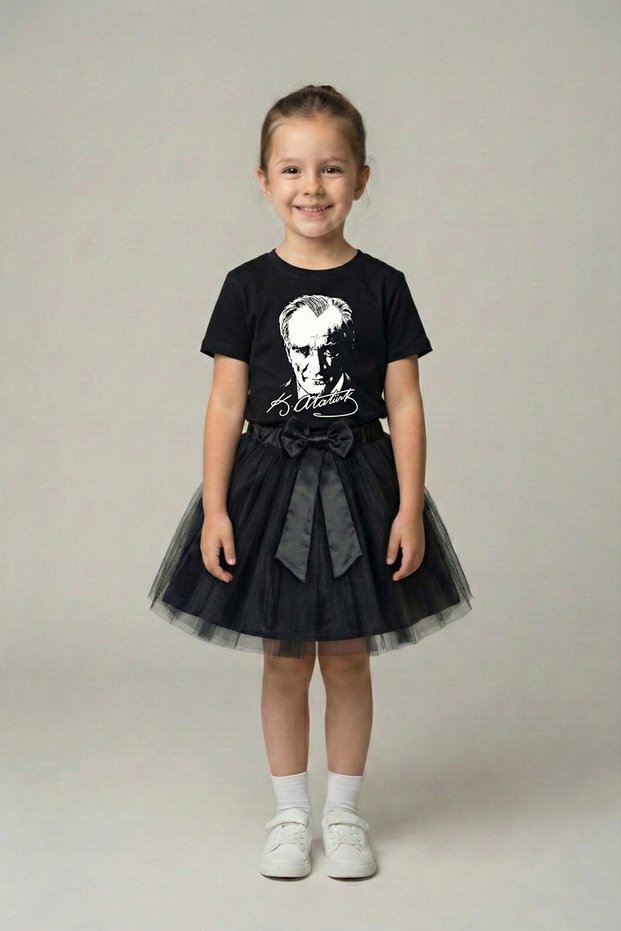 Girl's Black Short Sleeve Ataturk T-Shirt Black Tutu Skirt Set April 23Rd Show Outfit