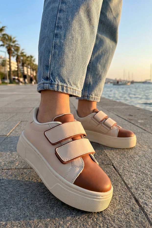 Women's Beige Daily Velcro Orthopedic Lightweight Sneaker Comfort Stylish Quality Walking Sports Shoes