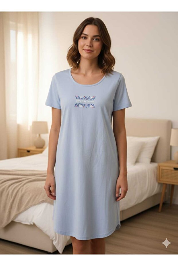 Love Baskılı Mavi Gecelik - 4