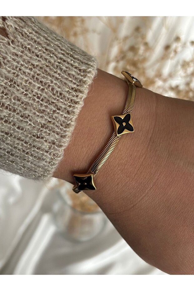 Black Detailed Clover Model Steel Bracelet