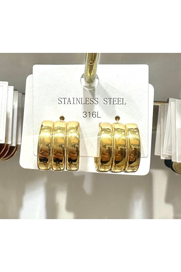 Stainless Steel 3-Section Gold Hoop Earrings