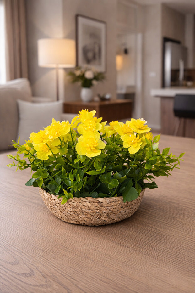 Artificial Flower Arrangement Wicker Basket Flower Pot – Decorative Ornament for Living Room, Office, Tabletop