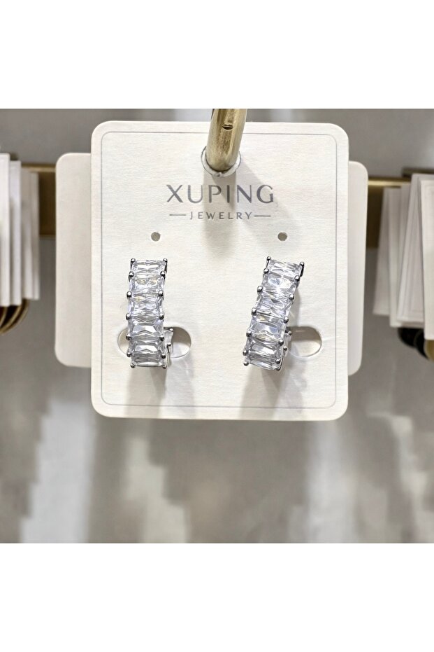 Xuping Stainless Steel Zircon Baguette Stone Hoop Earrings
