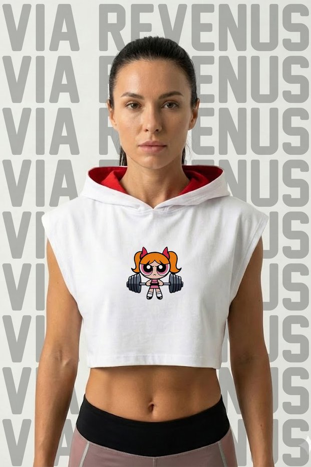 Powerpuff Girls Gym Printed Zero Sleeve Hooded Sportswear Women's Crop