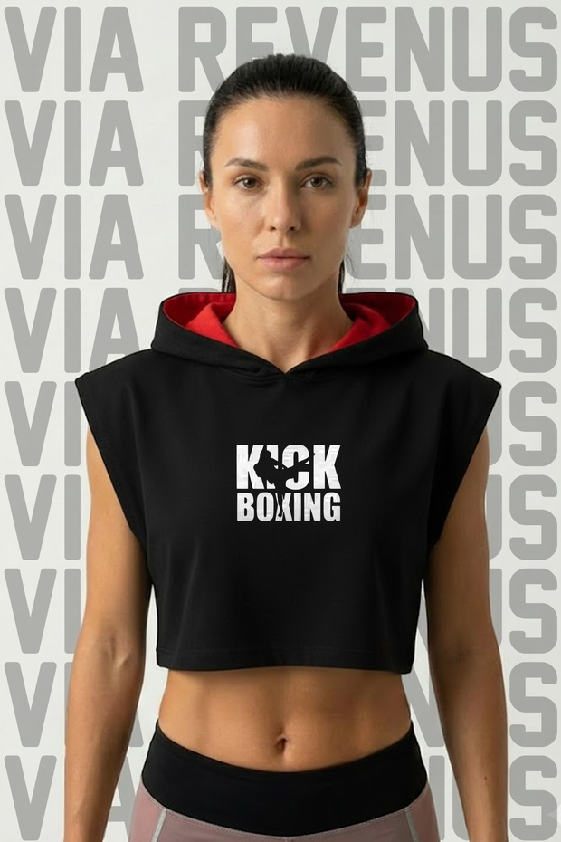 Kickboxing Front and Back Printed Zero Sleeve Hooded Sports Women's Crop