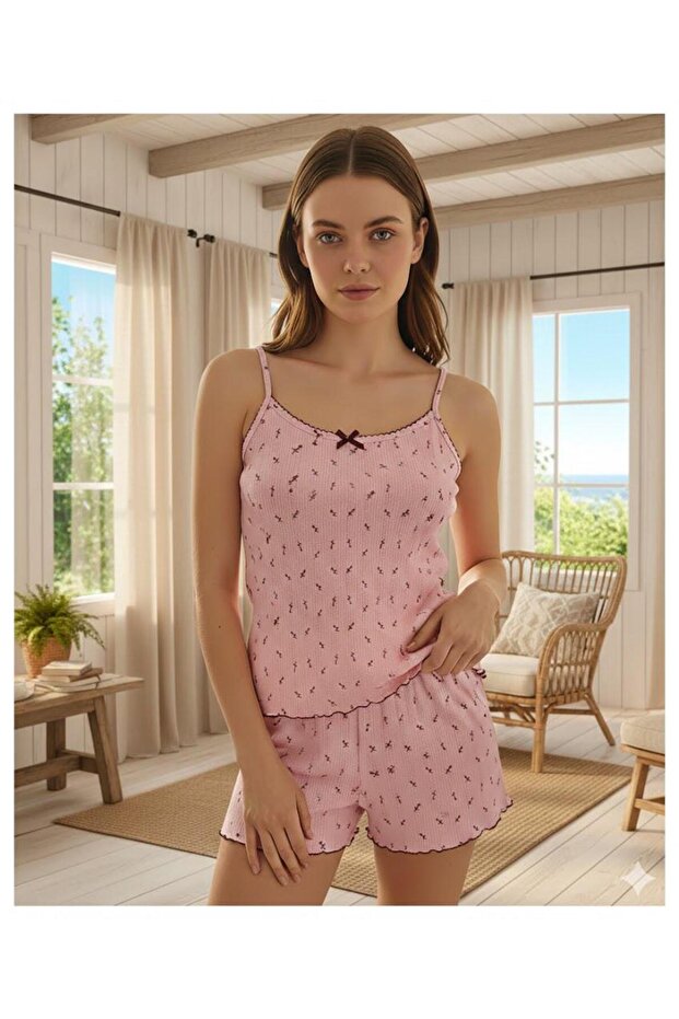 Women's 100% Cotton Tulip Pattern Rope Strap Shorts Ribbed Pajama Set