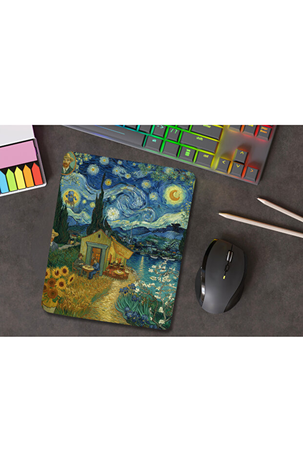 لوحة ماوس مستطيلة الشكل بنمط فان جوخ المختلط مع سوار داعم - 3