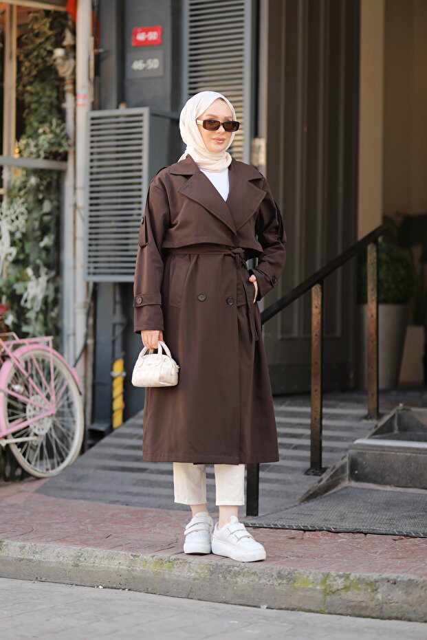 Düğmeli Kemerli Trençkot Kahve - 2