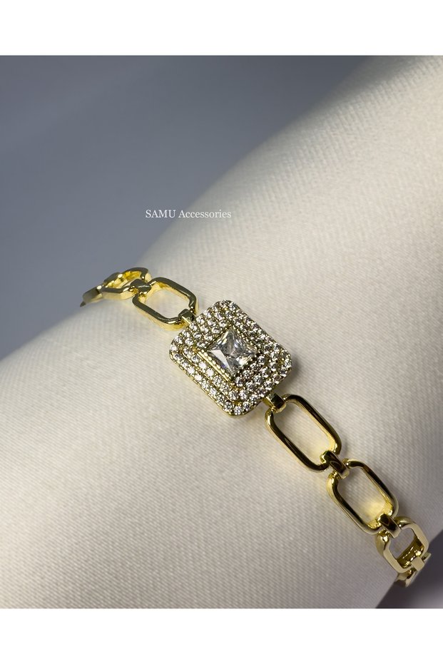 Square Stone Double Halo Framed Paperclip Chain Steel Bracelet - Golden Royal Double Halo Chain Bracelet