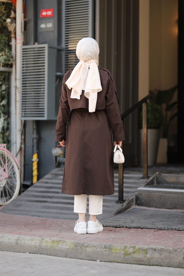 Düğmeli Kemerli Trençkot Kahve - 6