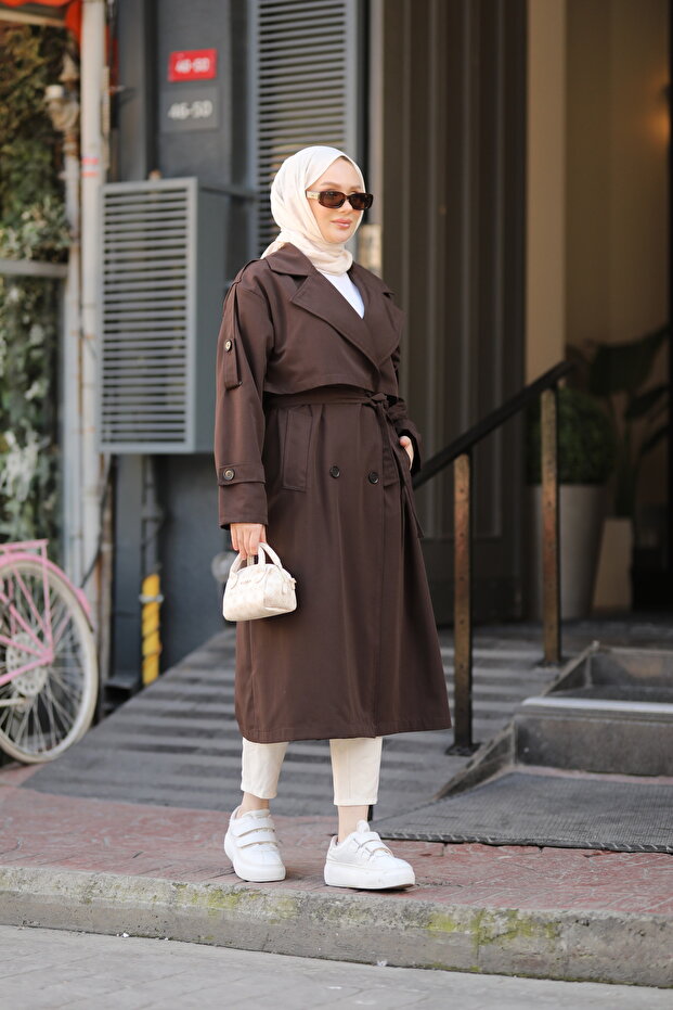 Düğmeli Kemerli Trençkot Kahve - 4