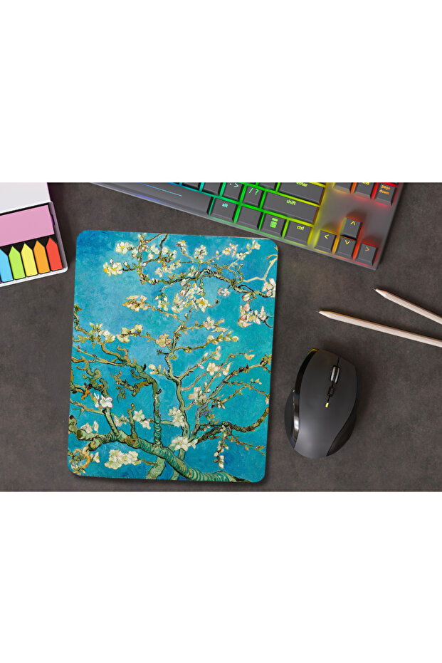 لوحة ماوس مستطيلة الشكل بنمط شجرة اللوز المزهرة مع دعم للرسغ - 4