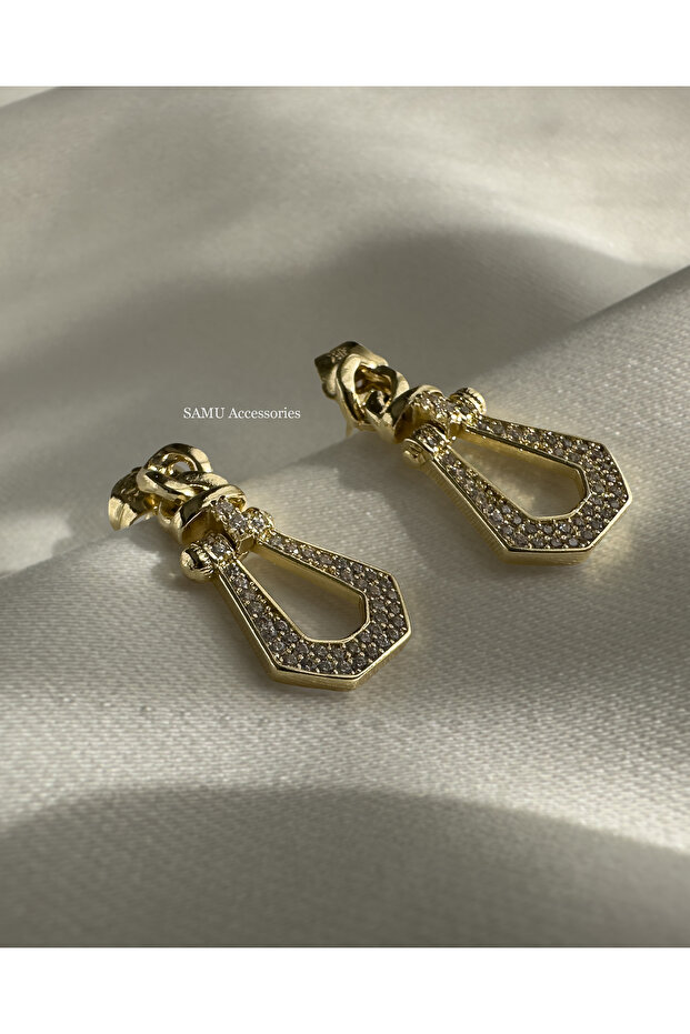 Chain Detailed Stoned Geometric Steel Earrings - Golden Pave Link Drop Earrings