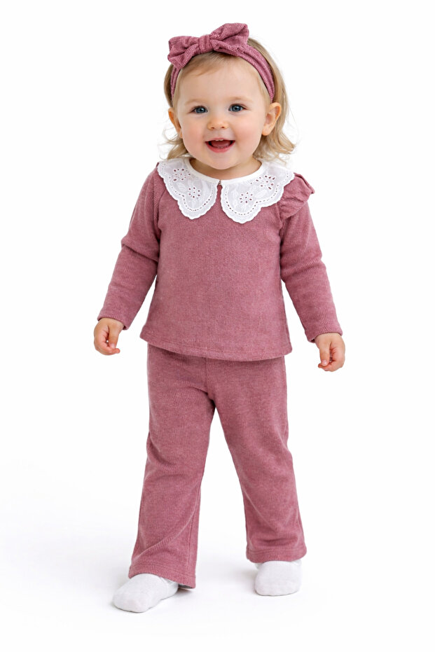 Pomegranate Flower Lace Collar Camisole Ribbed Girls' 3-Piece Set