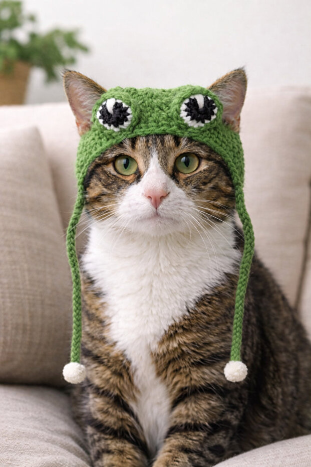 Cat Headgear with Frog Figure - Pompom - Lace-Up Cat Accessory