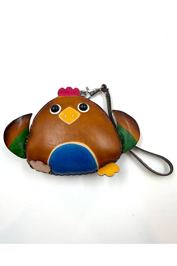 سلسلة مفاتيح جلدية مصنوعة يدويًا على شكل دجاجة / محفظة صغيرة بسحاب