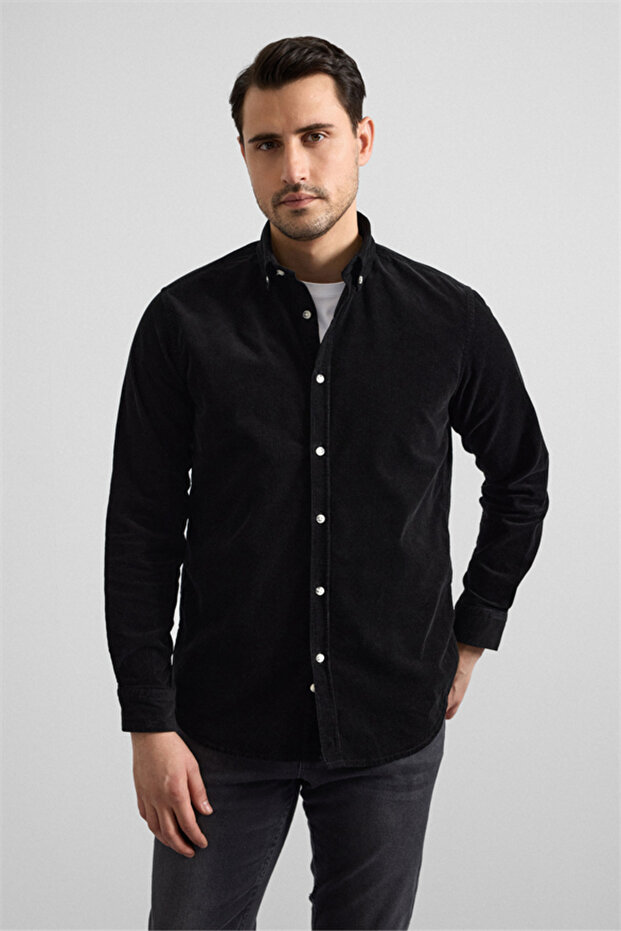 Siyah Regular Düğmeli Yaka Casual Gömlek - 1