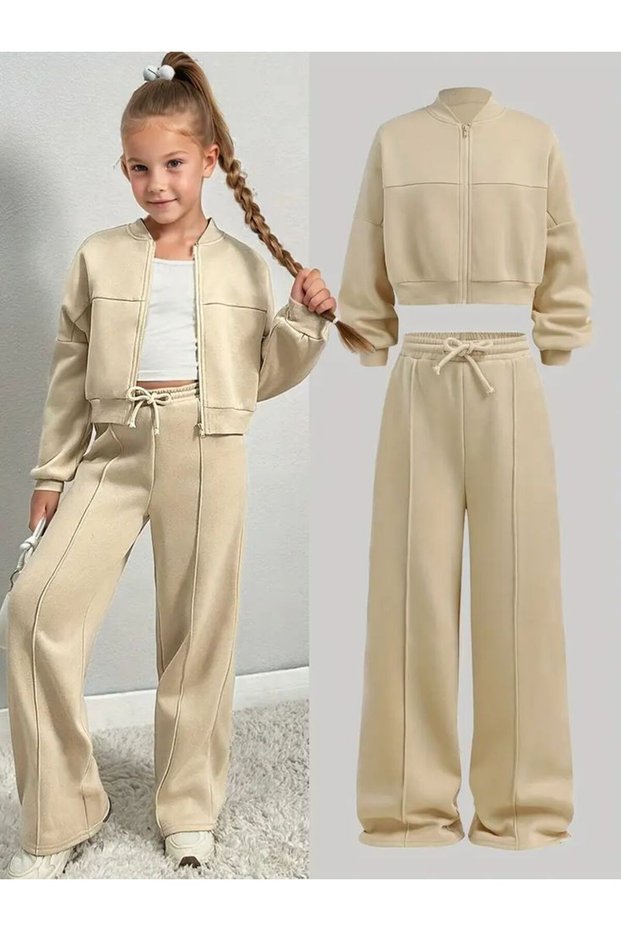 Winter Beige Grass Patterned Set: Beige Grass Patterned Wide Leg Bottoms, Crop Top with Zip-Up