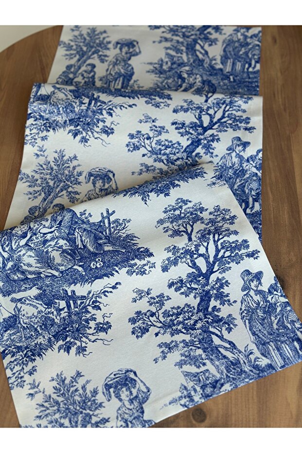 Sibelarthome Panama Linen French Peasants Toile De Jouy Pattern Runner 40X140 cm