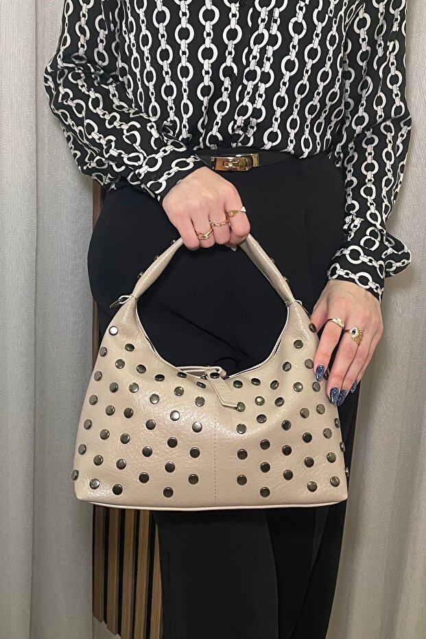 Women's Beige Studded Shoulder Bag - Soft Leather Look Casual Handbag