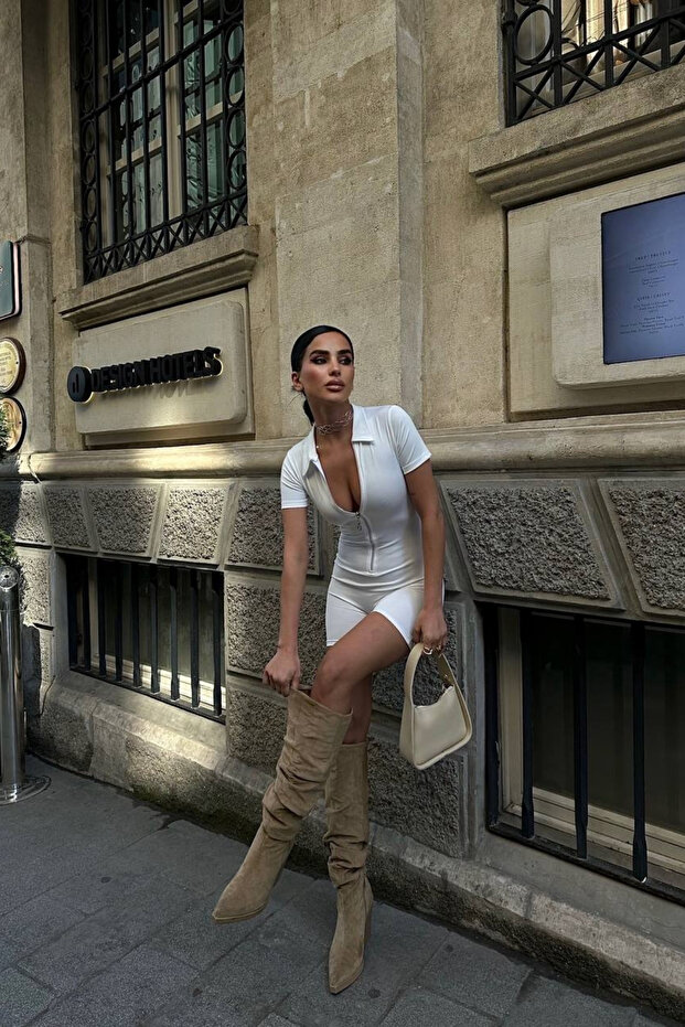 Kısa Kollu Fermuar Detaylı Basic Şort Tulum - 5