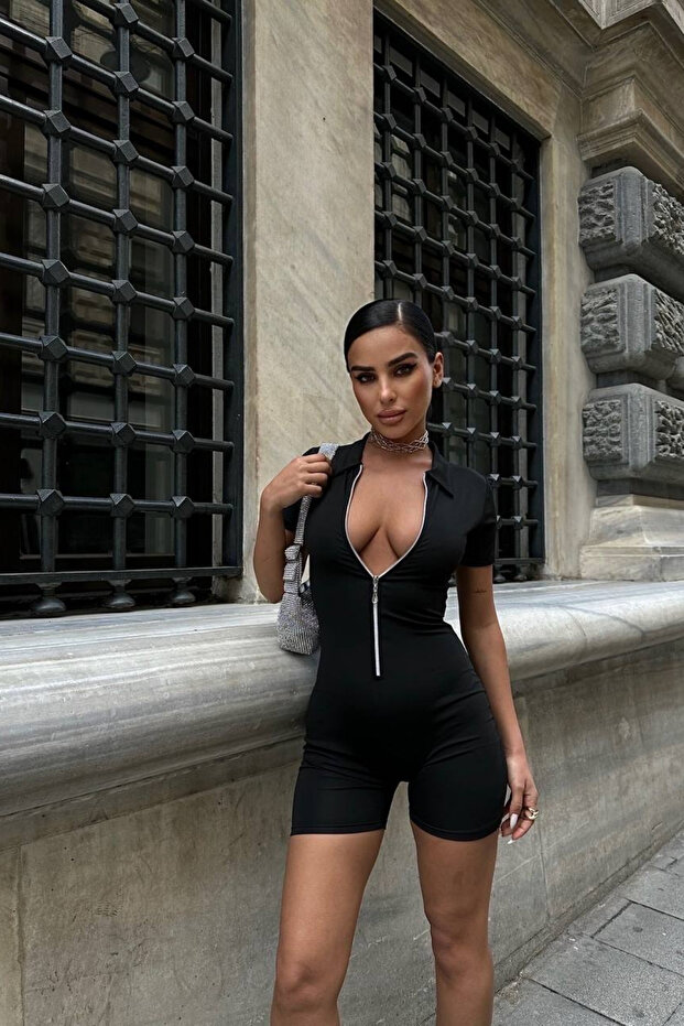 Kısa Kollu Fermuar Detaylı Basic Şort Tulum - 5