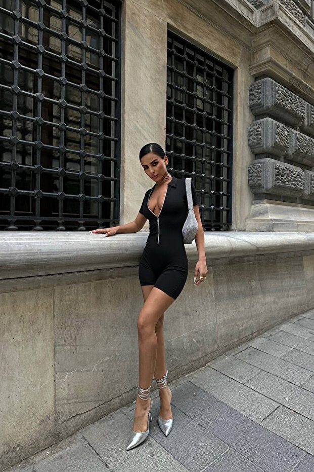 Kısa Kollu Fermuar Detaylı Basic Şort Tulum - 3