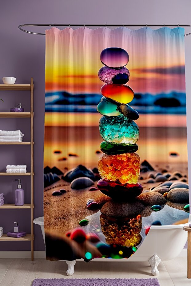 Bathroom Curtain, Colorful Stones Patterned Shower Curtain at Sunset, Bathtub Curtain 175X200Cm