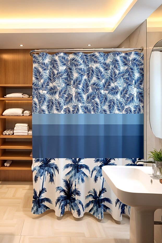 Bathroom Curtain, Navy Blue Palm Patterned Shower Curtain, Bathtub Curtain 175X200Cm