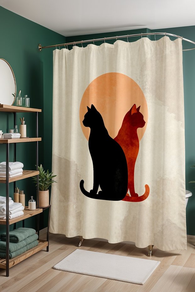 Bathroom Curtain, Bohemian Cats in Front of the Moon Patterned Shower Curtain, Bathtub Curtain 175X200Cm