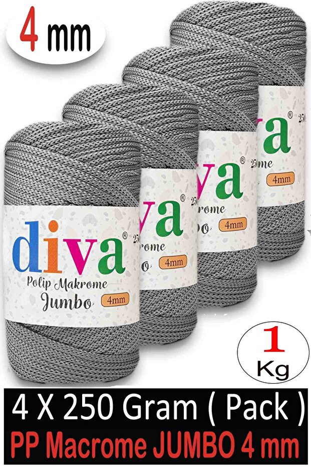 1 kg Polyester Macrame Jumbo (4 mm) 62U430 Medium Gray (Pack of 4)